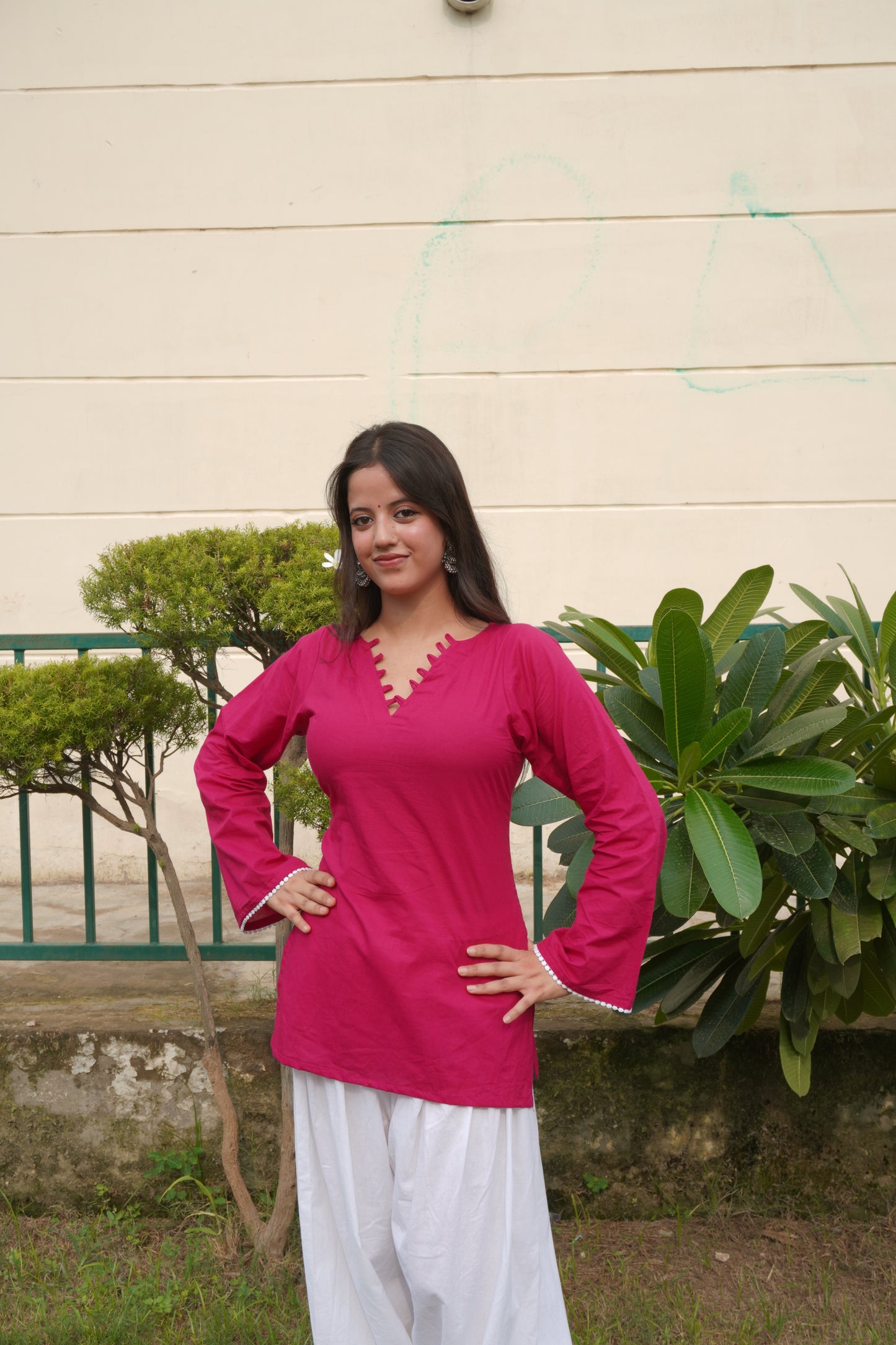 Pink Cotton Corset Back Kurti with Bell Sleeves