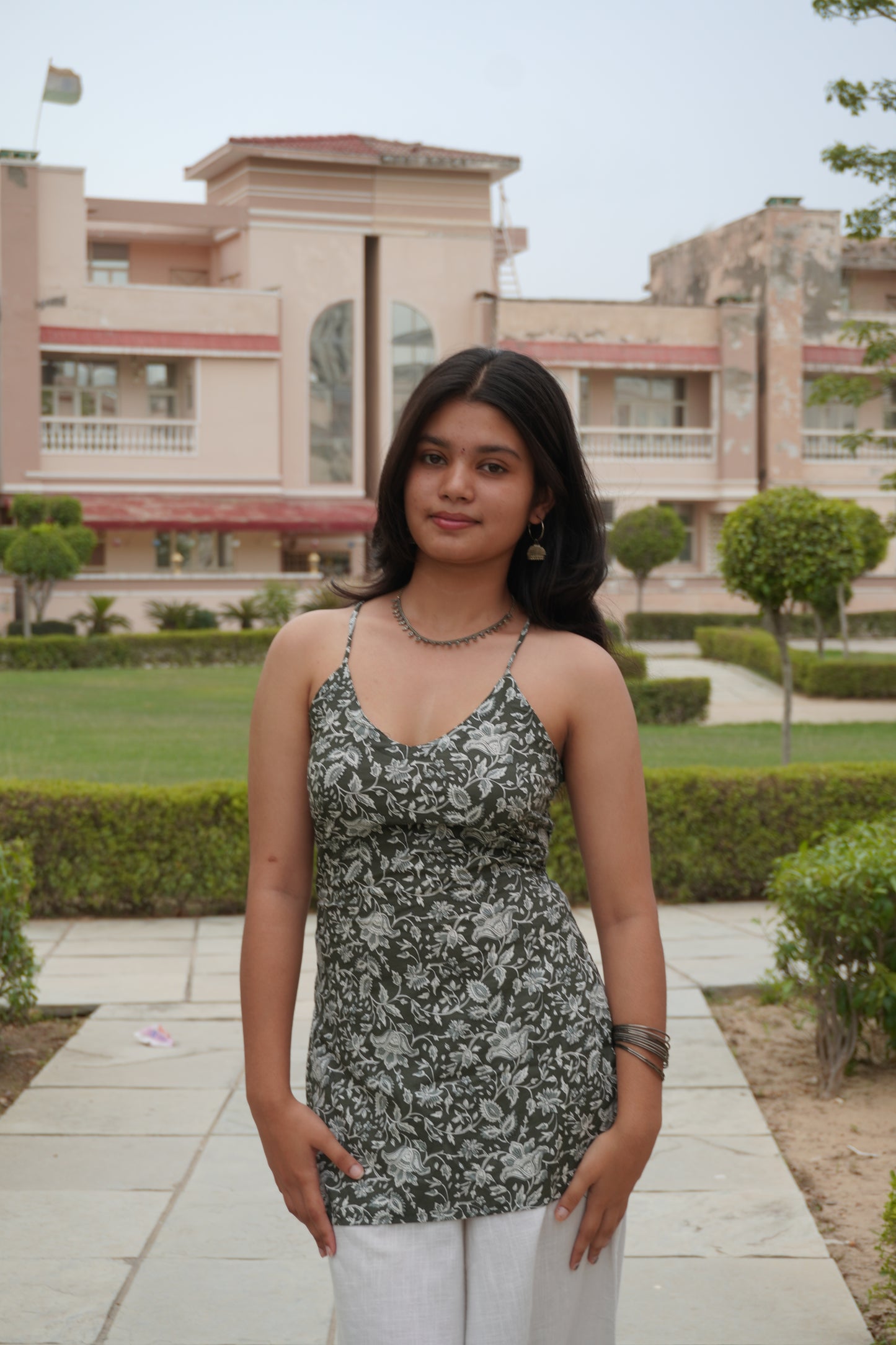 Olive Bloom Backless Cotton Short Kurti