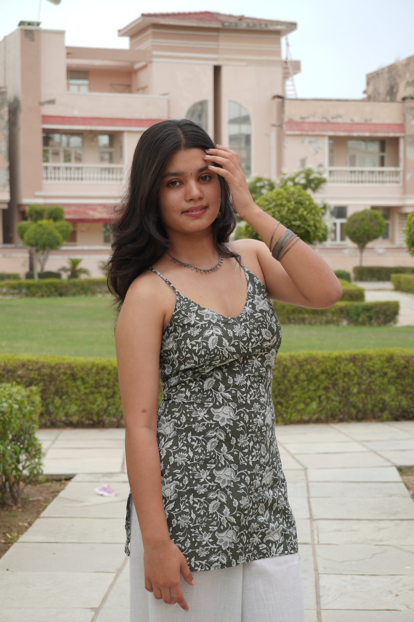 Olive Bloom Backless Cotton Short Kurti