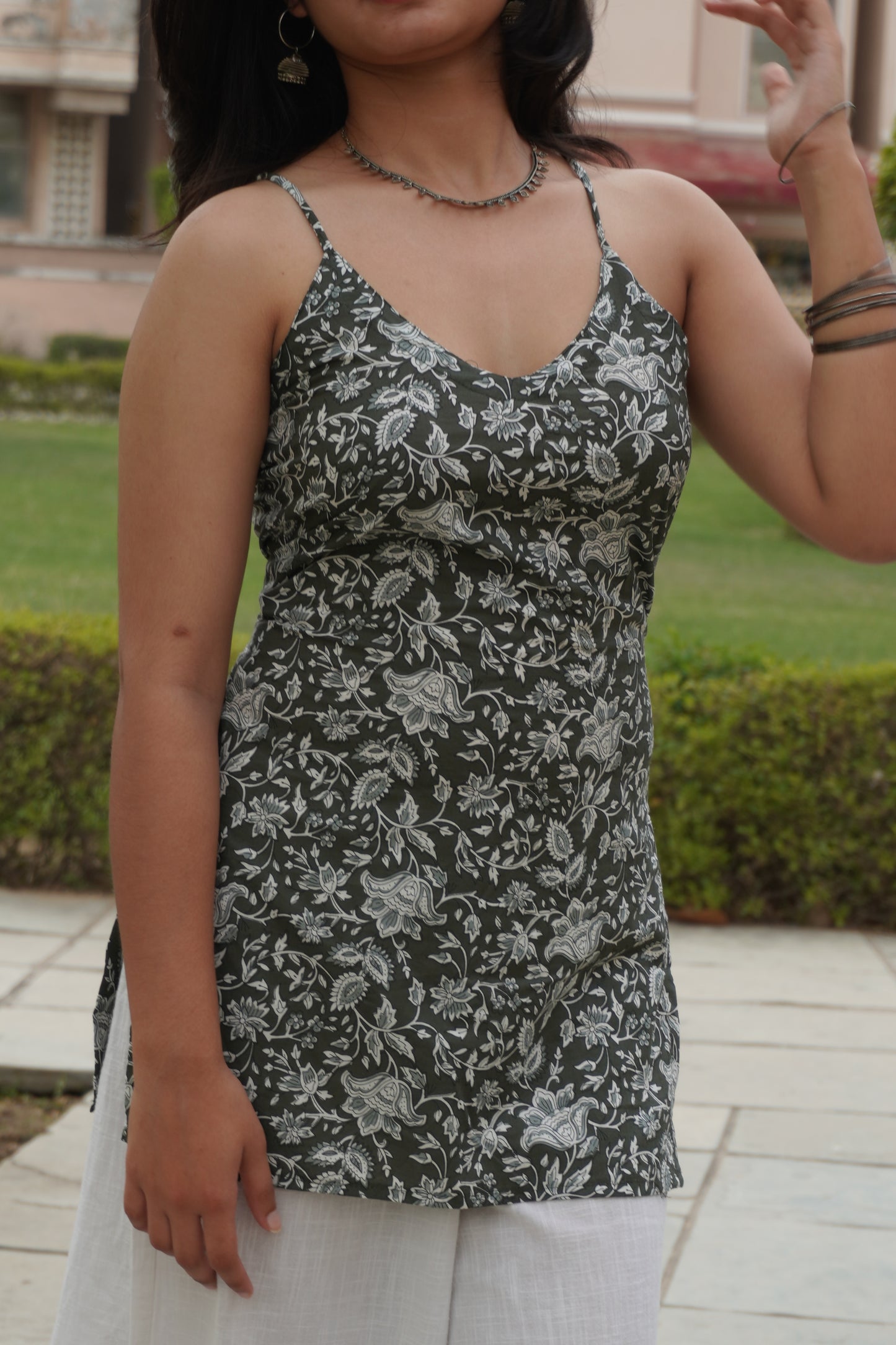 Olive Bloom Backless Cotton Short Kurti