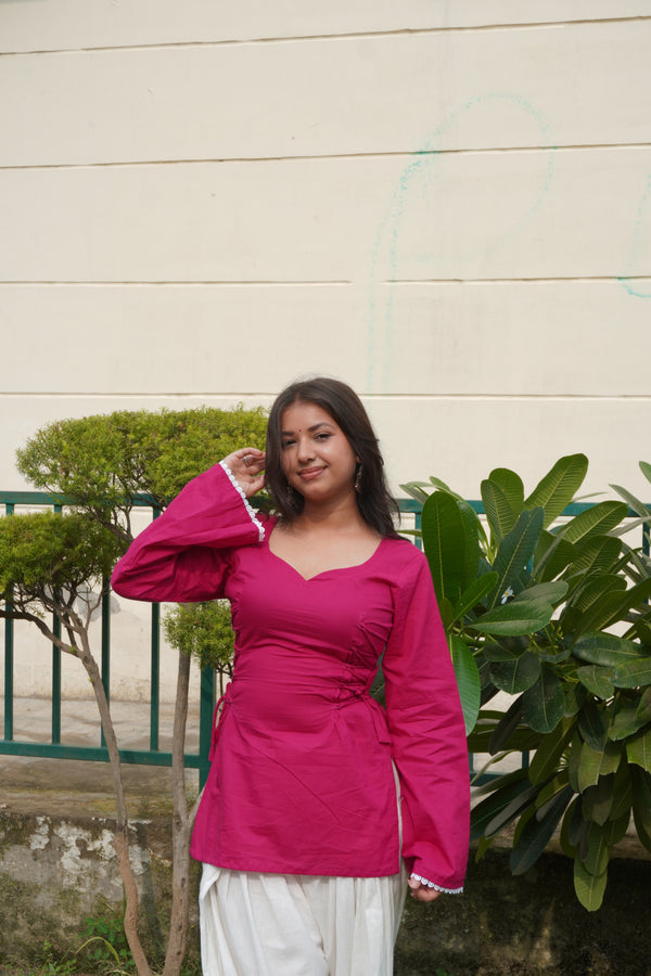 Pink Cotton Side Corset Bell Sleeve Kurti