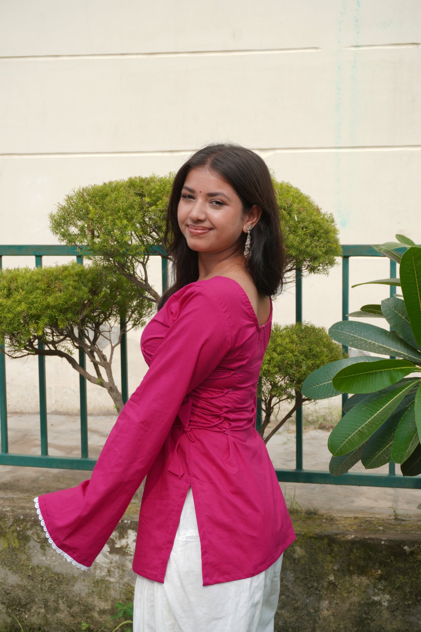 Pink Cotton Side Corset Bell Sleeve Kurti
