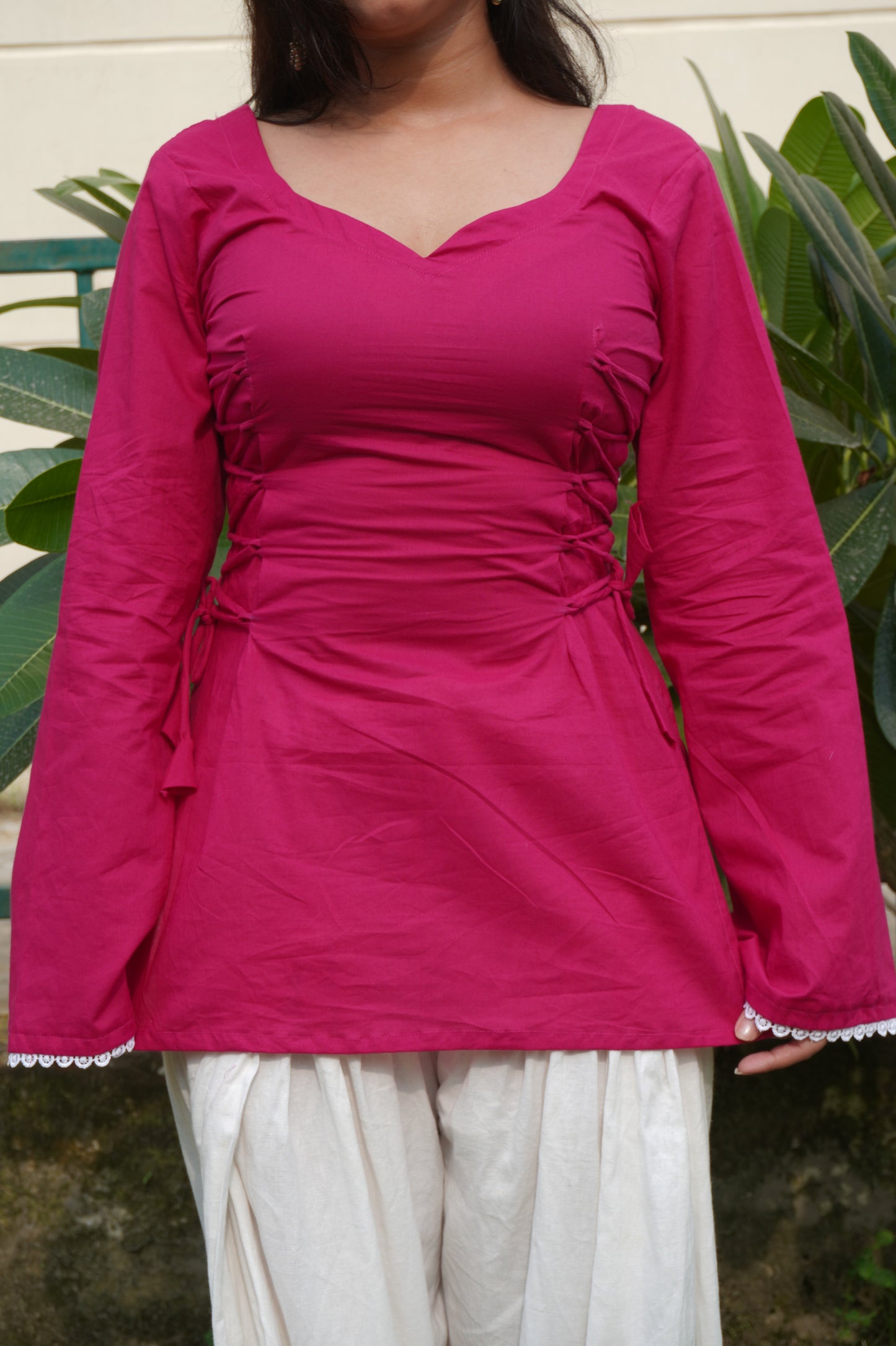 Pink Cotton Side Corset Bell Sleeve Kurti