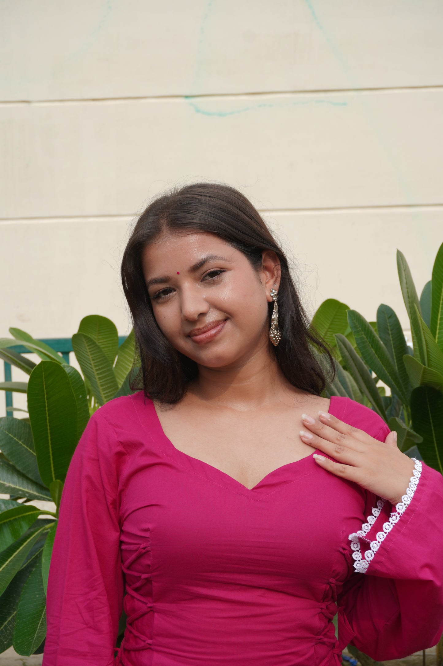 Pink Cotton Side Corset Bell Sleeve Kurti