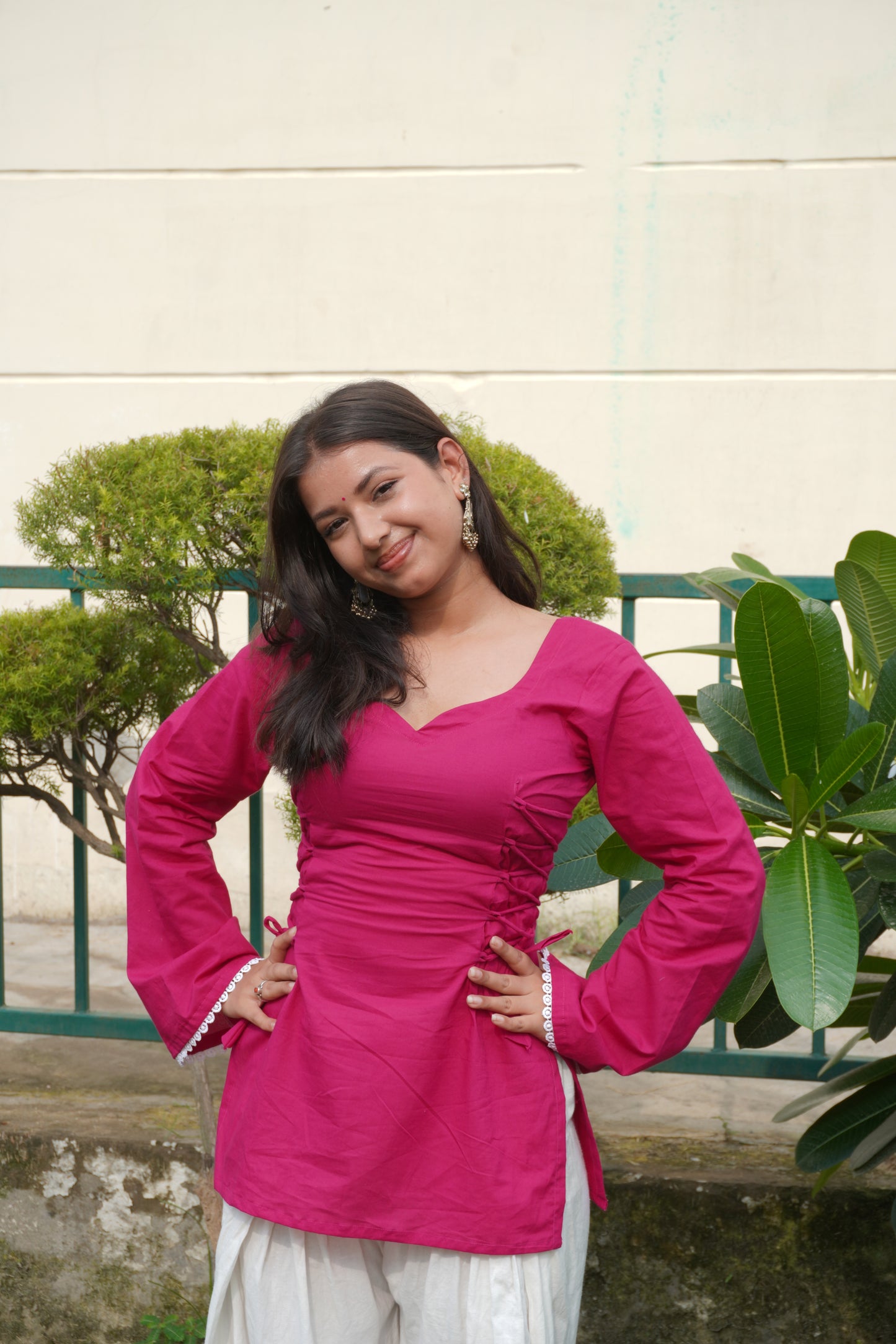 Pink Cotton Side Corset Bell Sleeve Kurti