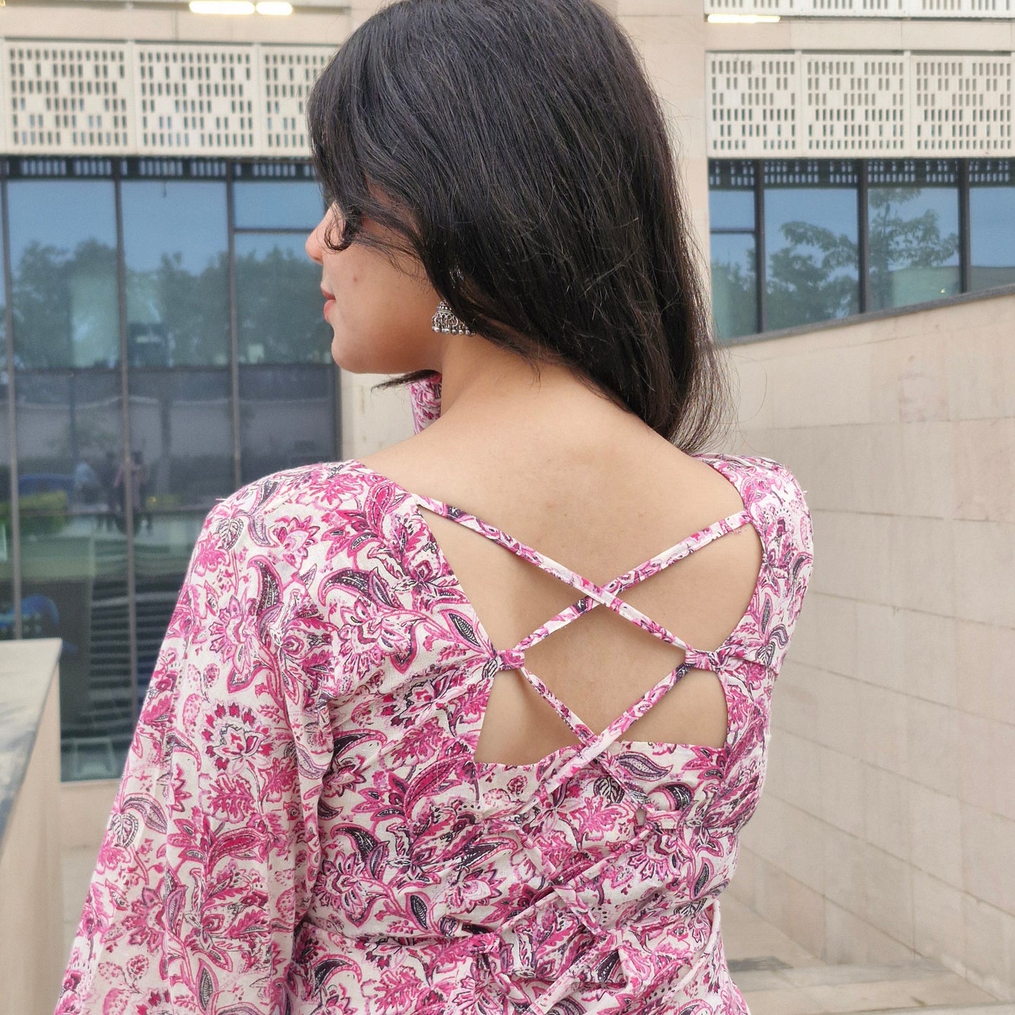 Cotton Printed Long Kurti with Square Neck &amp; Corset Lace-Up Back for Women | Full Sleeves