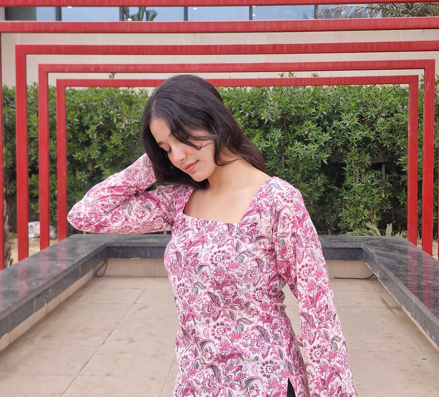 Cotton Printed Long Kurti with Square Neck &amp; Corset Lace-Up Back for Women | Full Sleeves