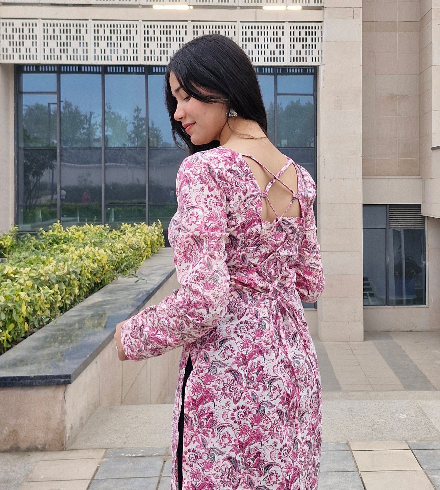 Cotton Printed Long Kurti with Square Neck &amp; Corset Lace-Up Back for Women | Full Sleeves