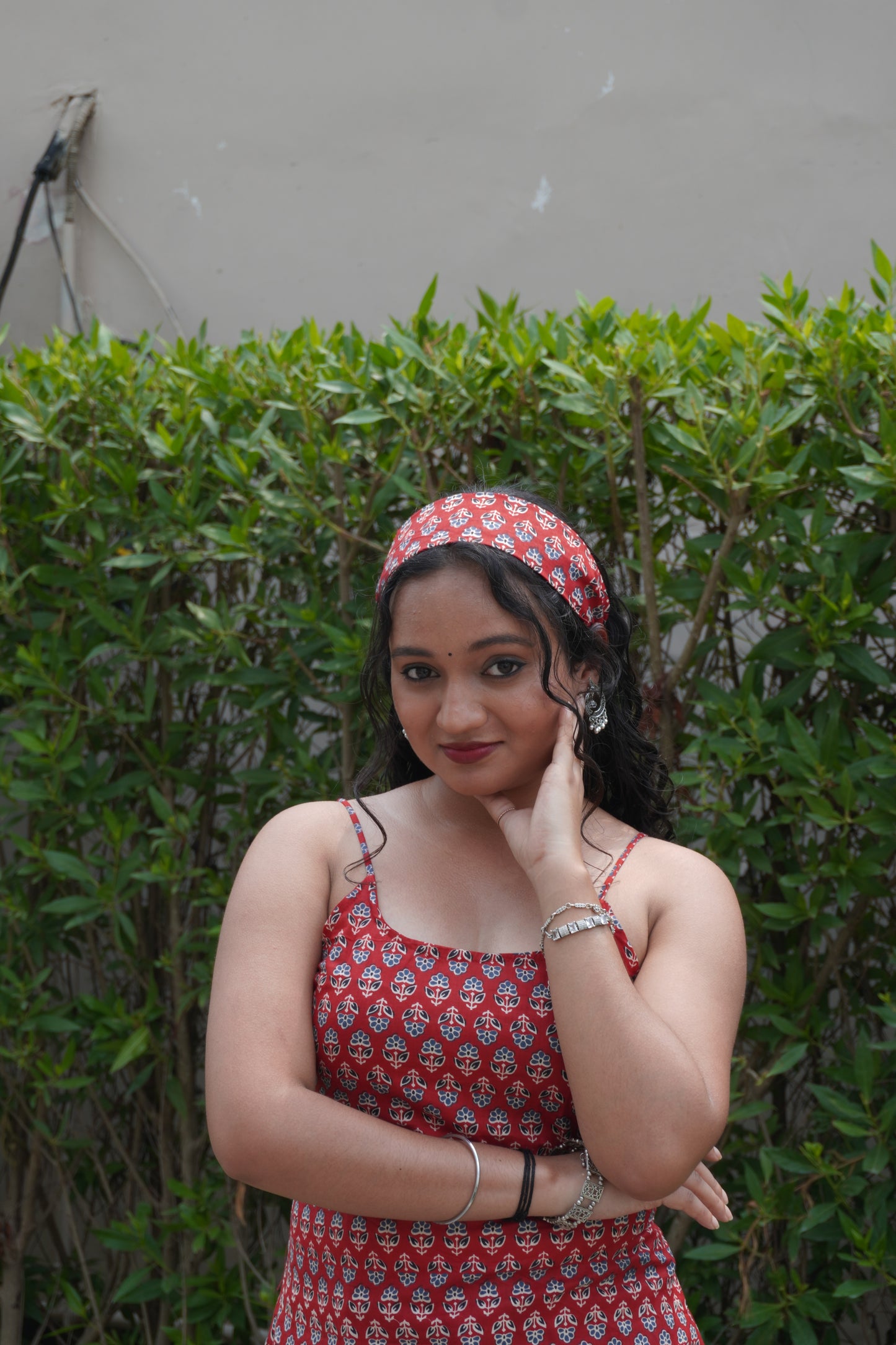 Red Pure Cotton Sleeveless Kurti with Scarf & Corset Back