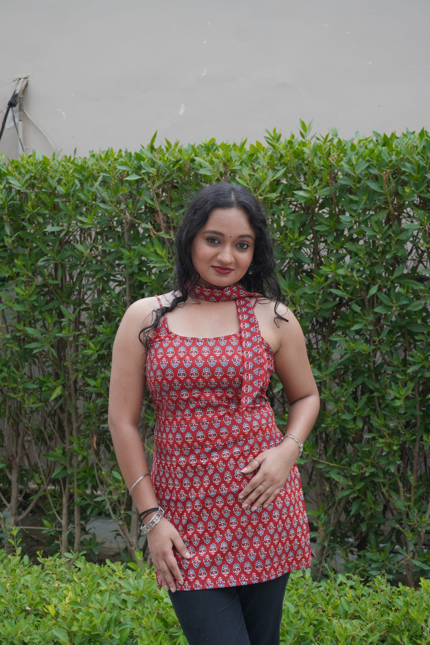 Red Pure Cotton Sleeveless Kurti with Scarf & Corset Back