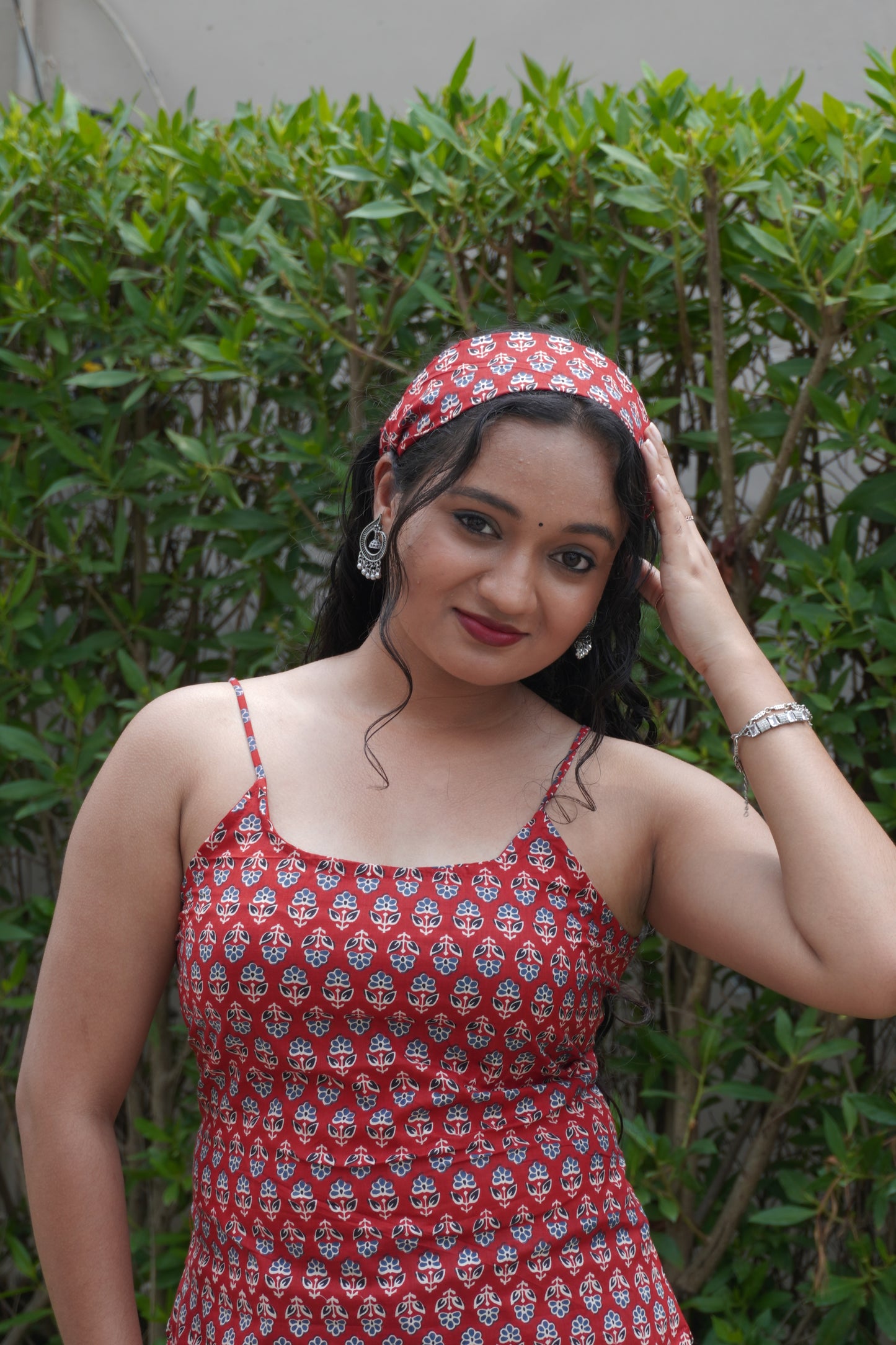 Red Pure Cotton Sleeveless Kurti with Scarf & Corset Back