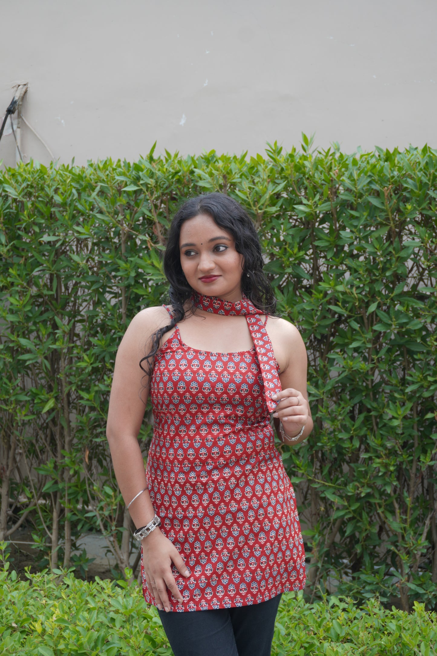 Red Pure Cotton Sleeveless Kurti with Scarf & Corset Back