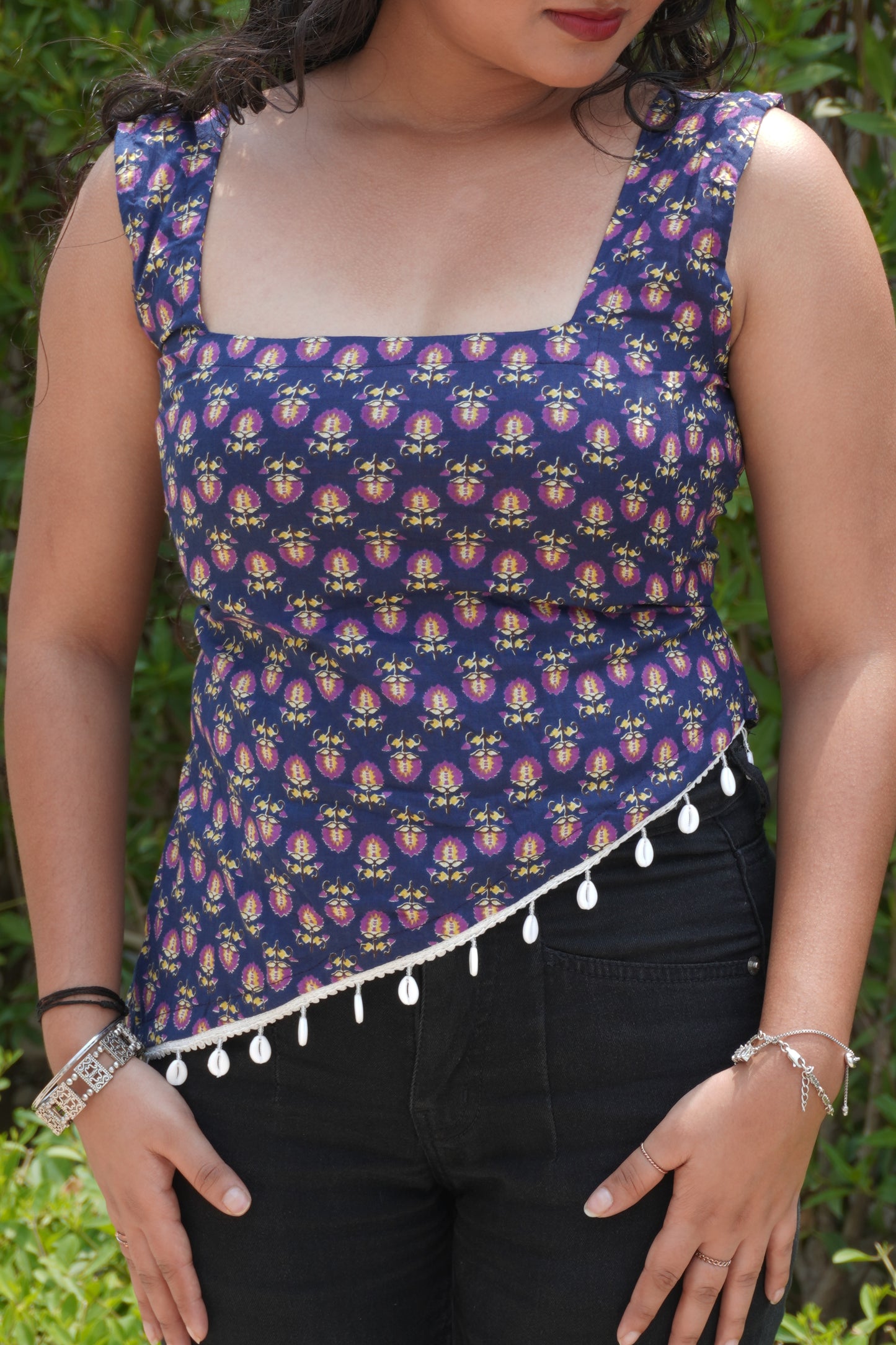 Navy Blue Pure Cotton Printed Backless Top with Corset Tie-Up Back & Shell Lace Hem