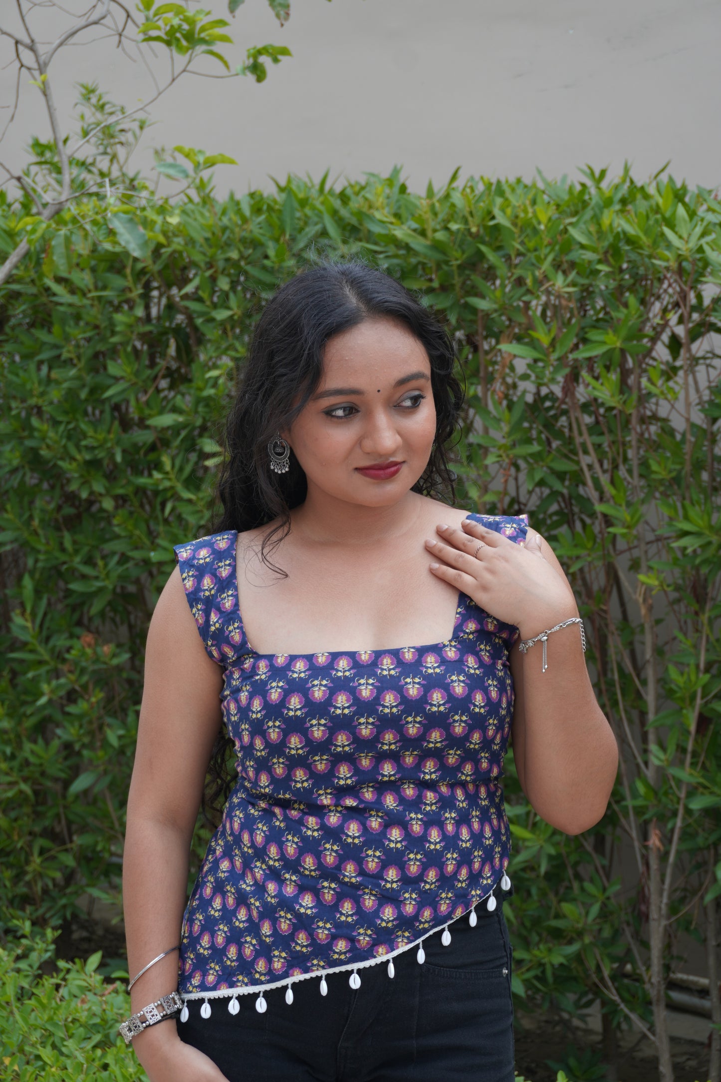 Navy Blue Pure Cotton Printed Backless Top with Corset Tie-Up Back & Shell Lace Hem
