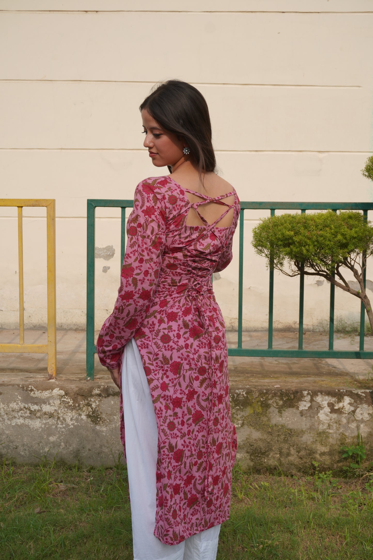 Women Pink Floral Printed Cotton Kurti with Square Neck & Corset Lace-Up Back | Full Sleeve Long Kurti