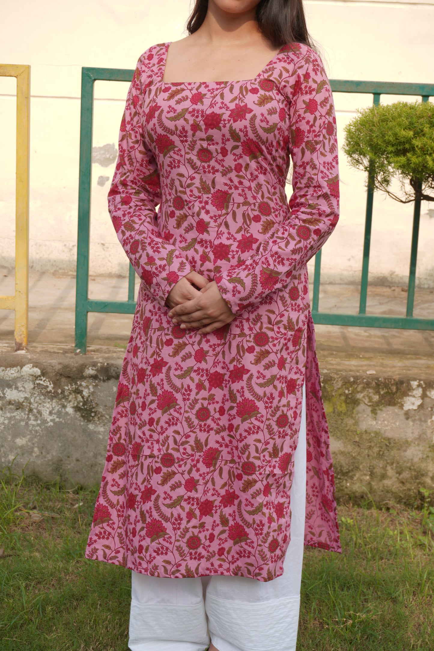 Women Pink Floral Printed Cotton Kurti with Square Neck & Corset Lace-Up Back | Full Sleeve Long Kurti