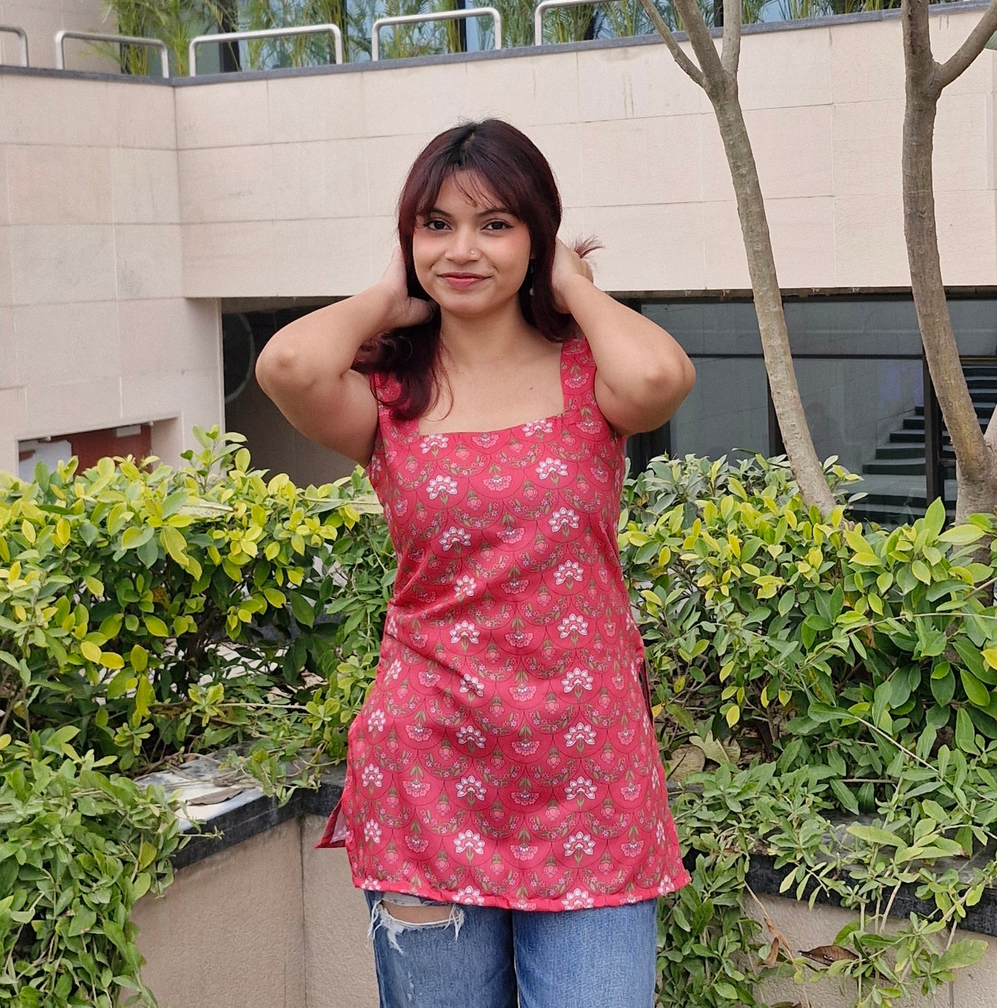 Sleeveless Short Kurti with Square Neck & Corset Lace-Up Back for Women