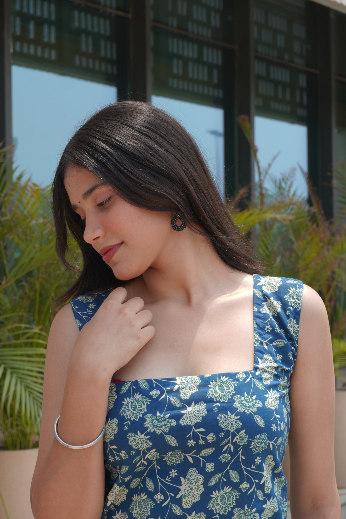 Blue Floral Cotton Backless Tie-Up Short Kurti for Women
