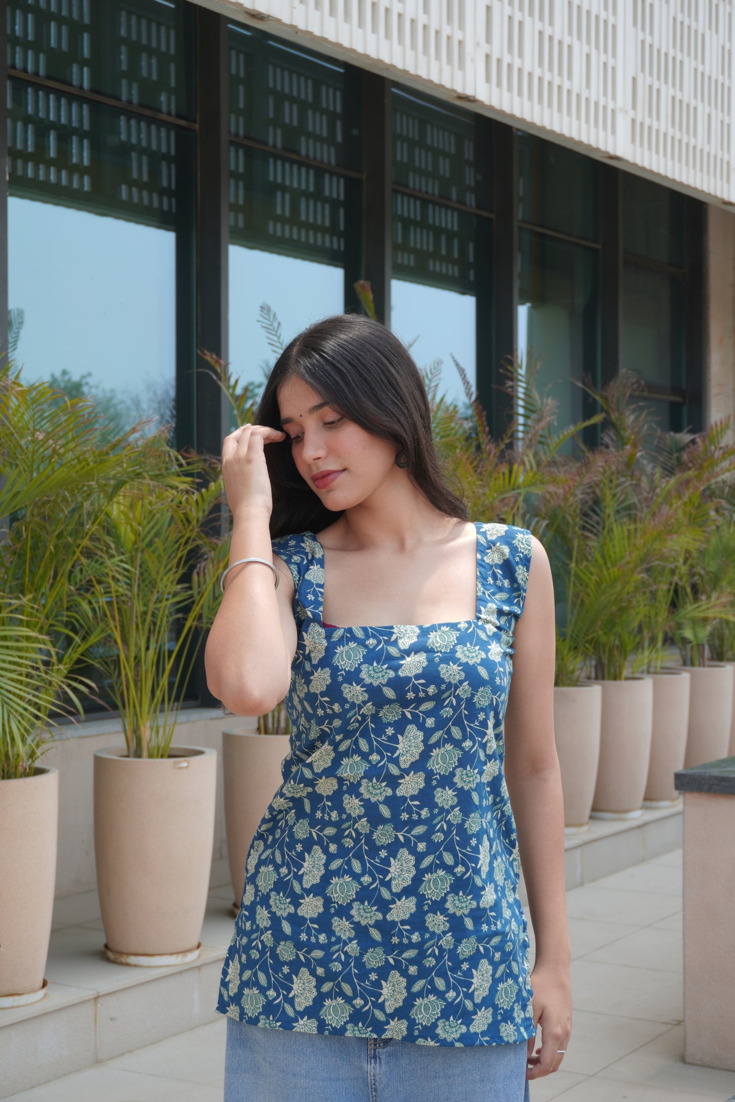 Blue Floral Cotton Backless Tie-Up Short Kurti for Women