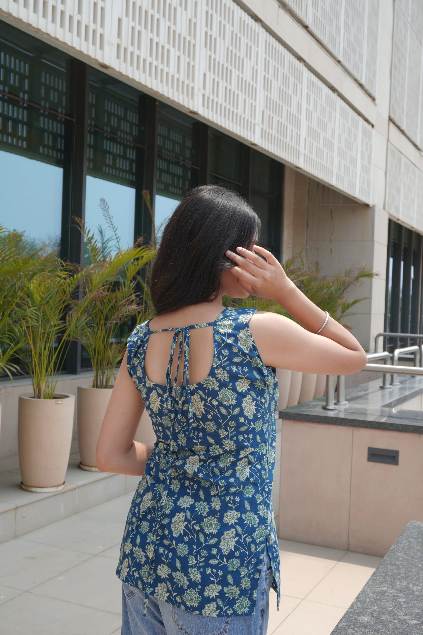 Blue Floral Cotton Backless Tie-Up Short Kurti for Women