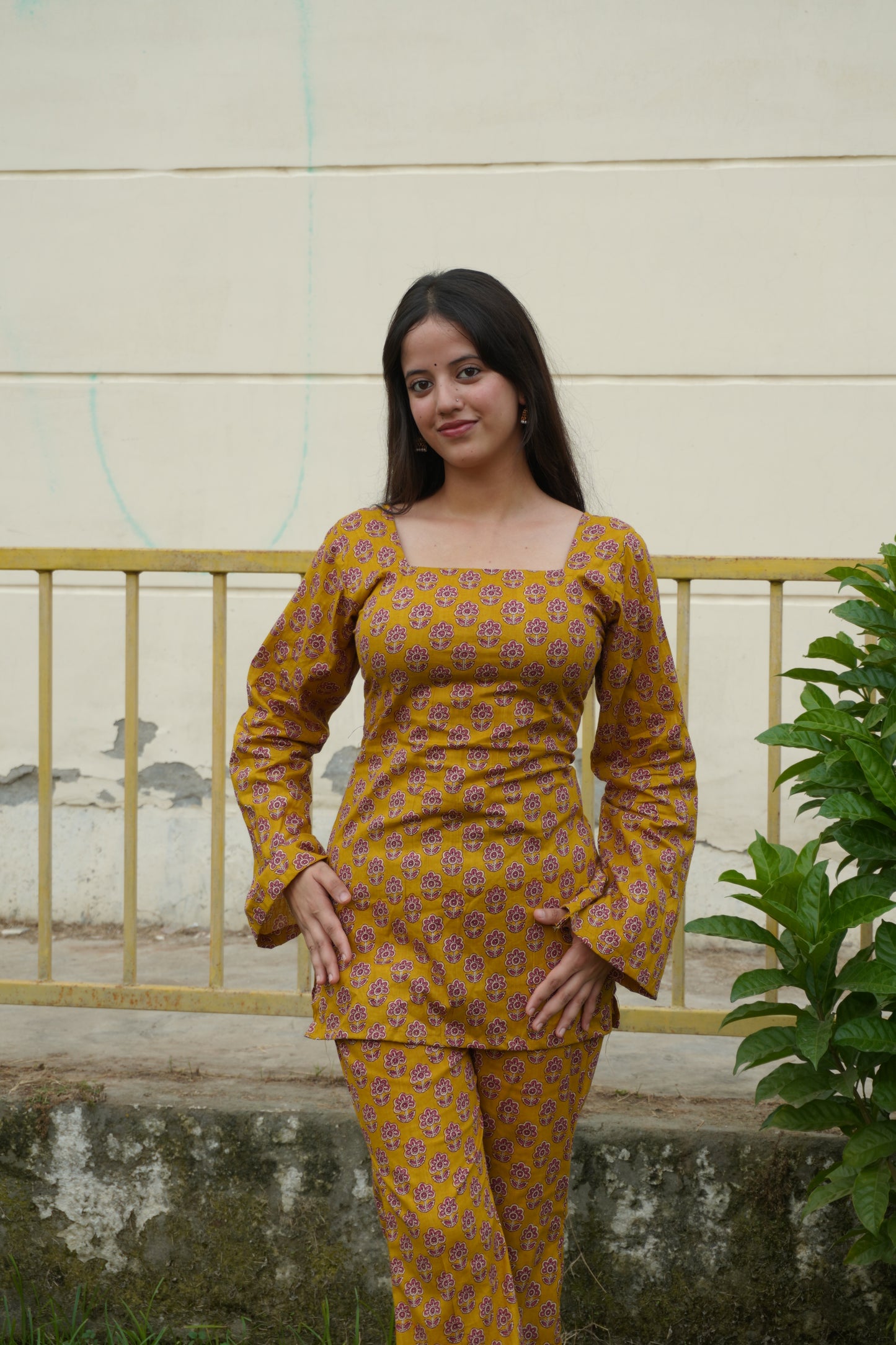 Mustard Floral Cotton Kurta & Palazzo Set with Corset Back | Square Neck Women's Ethnic Co-Ord