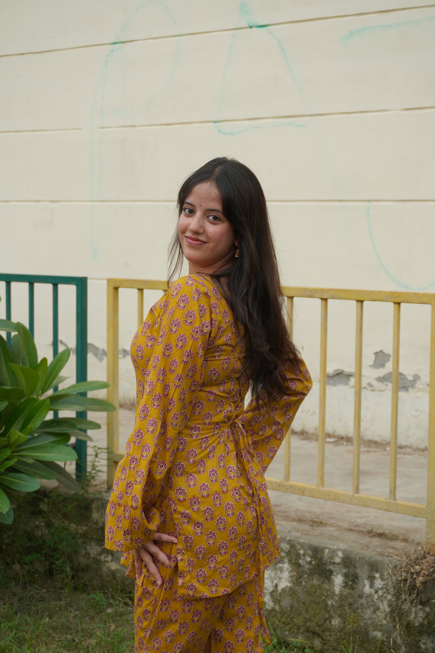 Mustard Floral Cotton Kurta & Palazzo Set with Corset Back | Square Neck Women's Ethnic Co-Ord