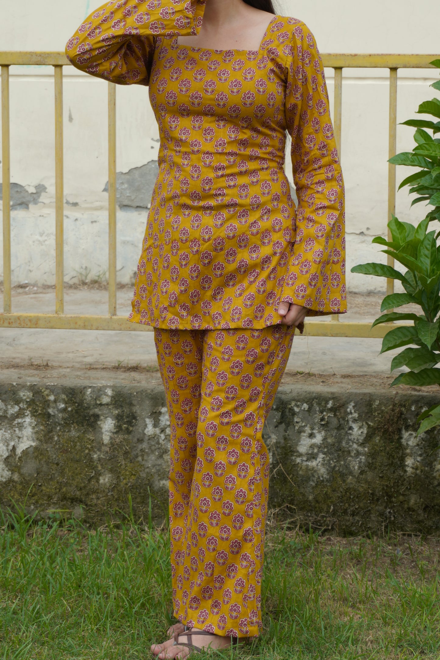 Mustard Floral Cotton Kurta & Palazzo Set with Corset Back | Square Neck Women's Ethnic Co-Ord