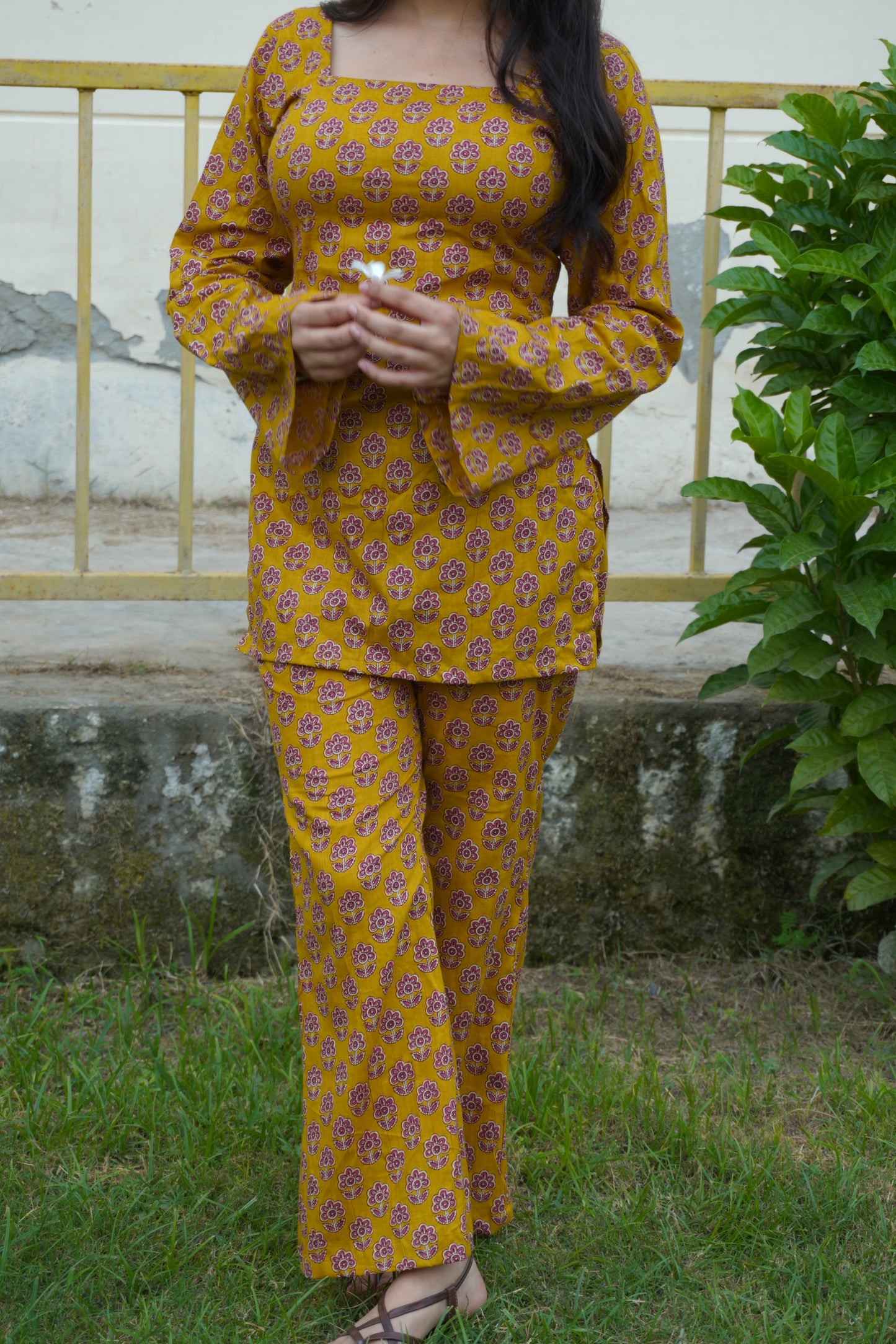 Mustard Floral Cotton Kurta & Palazzo Set with Corset Back | Square Neck Women's Ethnic Co-Ord