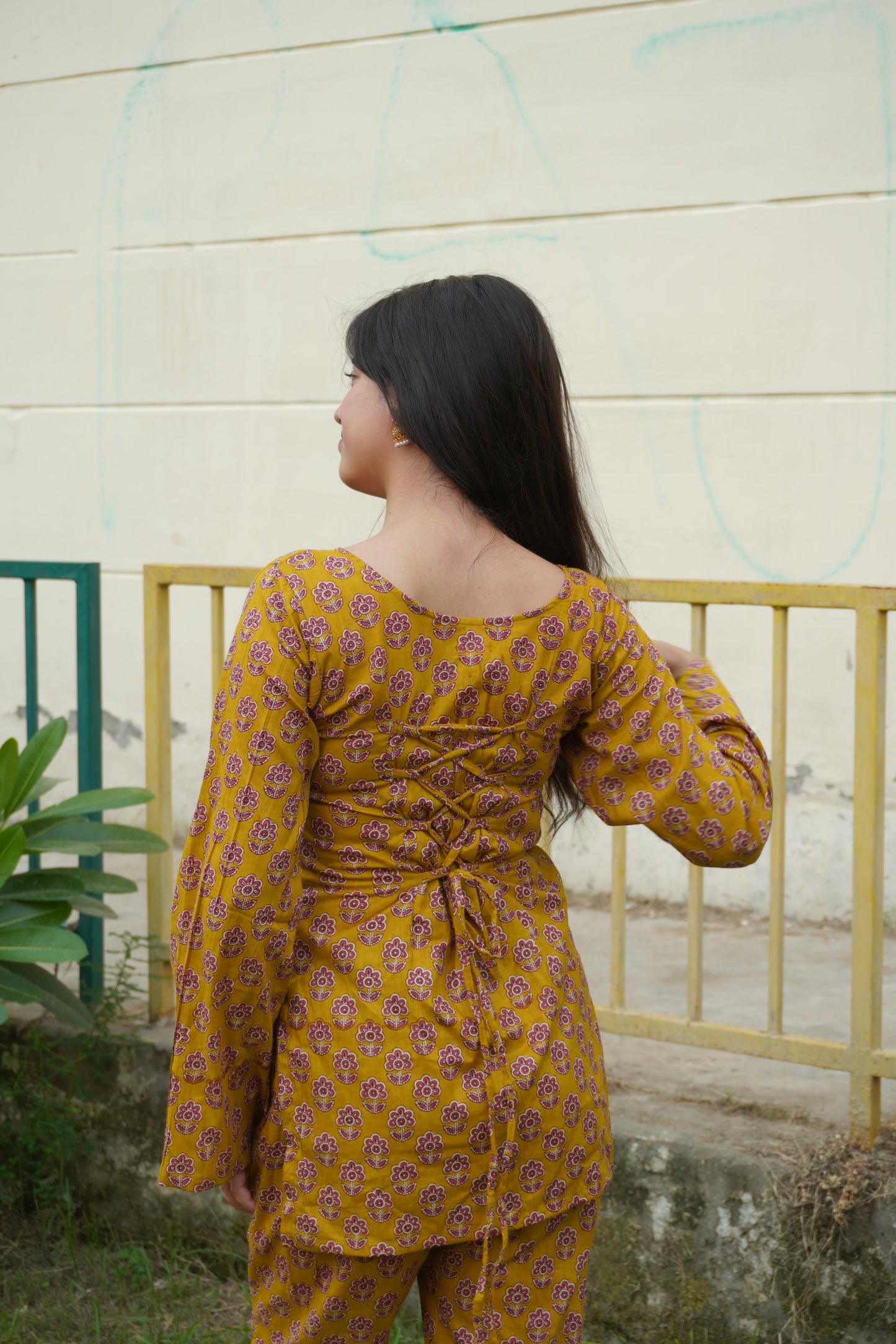 Mustard Floral Cotton Kurta & Palazzo Set with Corset Back | Square Neck Women's Ethnic Co-Ord