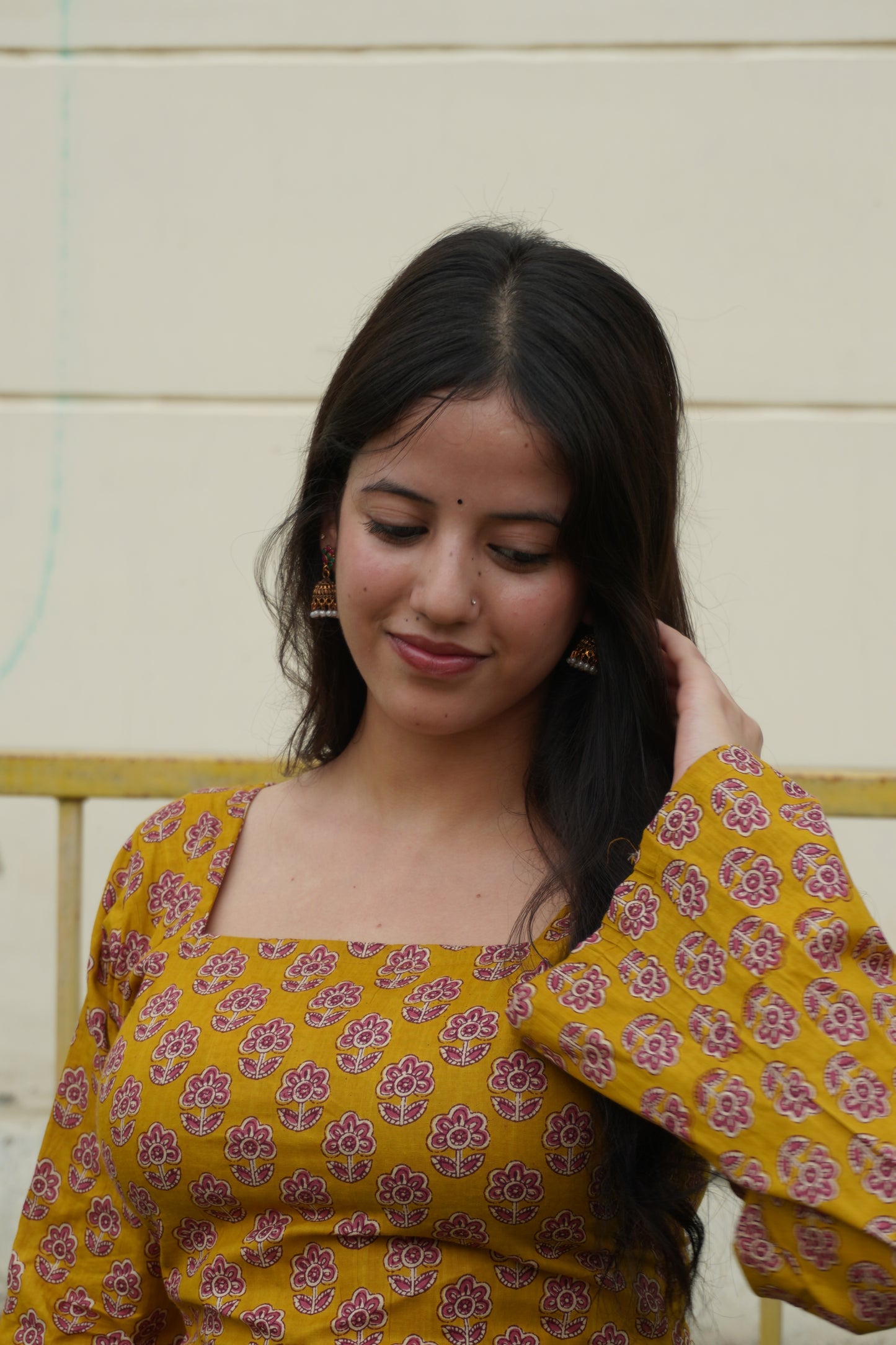 Mustard Floral Cotton Kurta & Palazzo Set with Corset Back | Square Neck Women's Ethnic Co-Ord