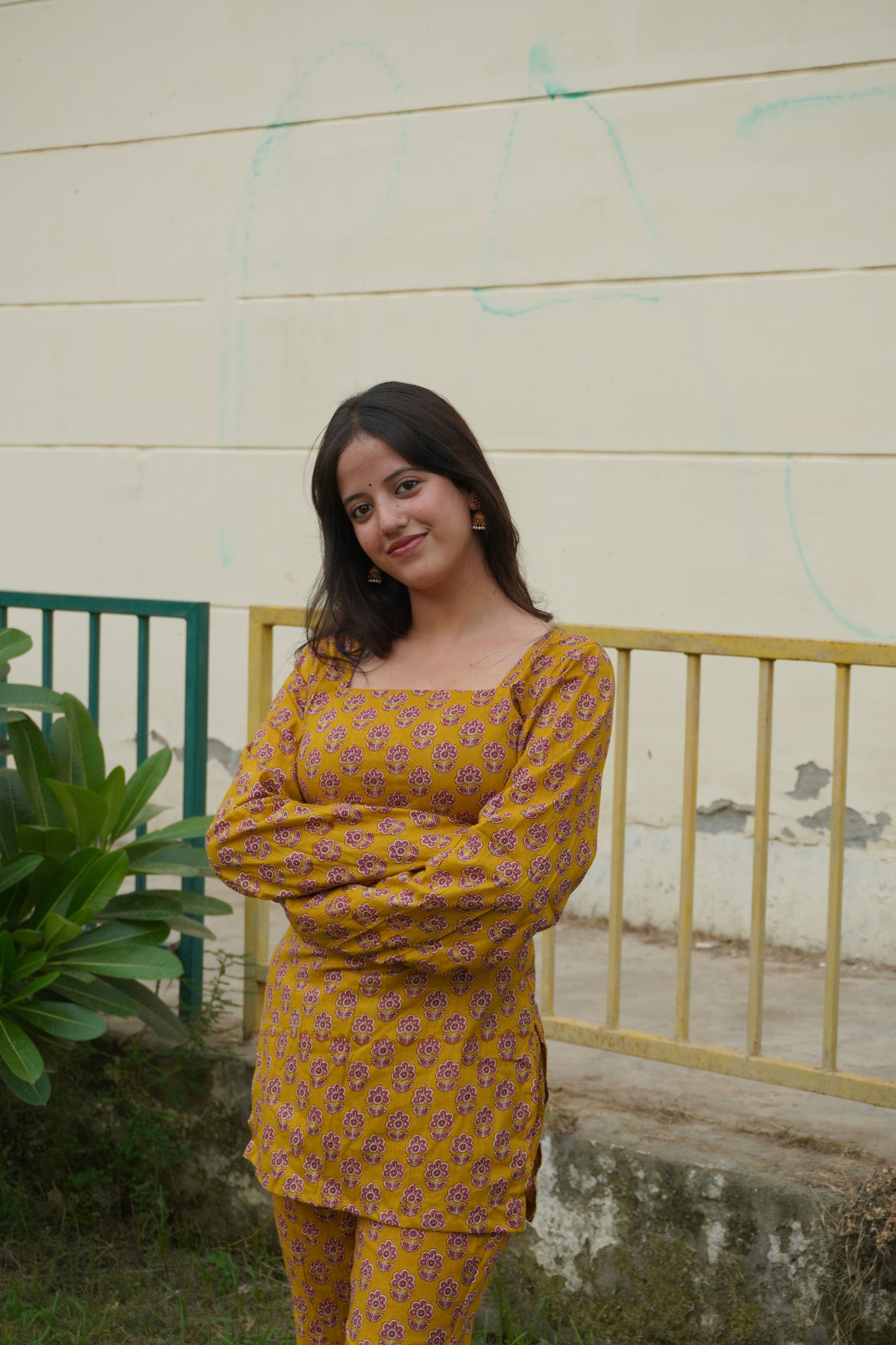 Mustard Floral Cotton Kurta & Palazzo Set with Corset Back | Square Neck Women's Ethnic Co-Ord
