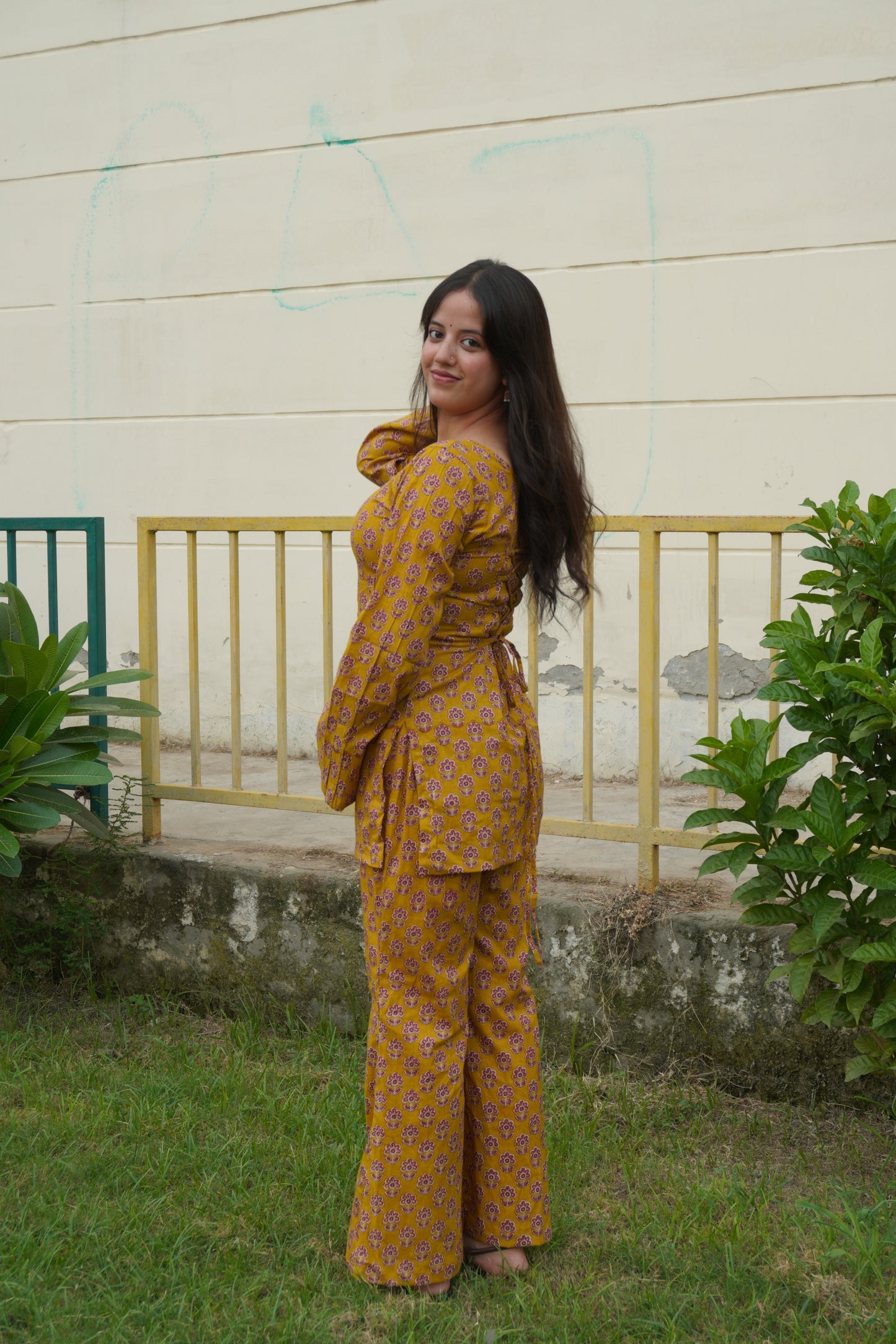 Mustard Floral Cotton Kurta & Palazzo Set with Corset Back | Square Neck Women's Ethnic Co-Ord