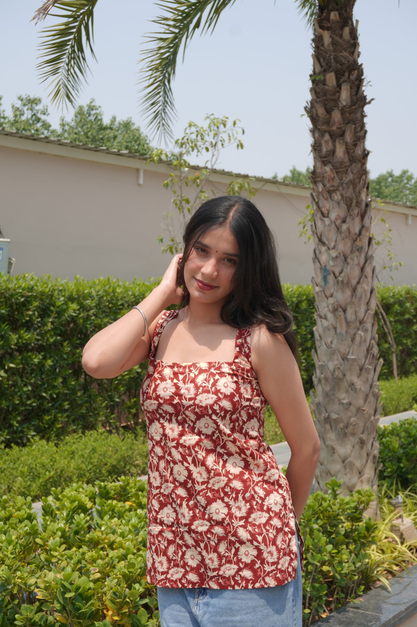 Rust Floral Cotton Backless Kurti Top with Tie-Up Detail