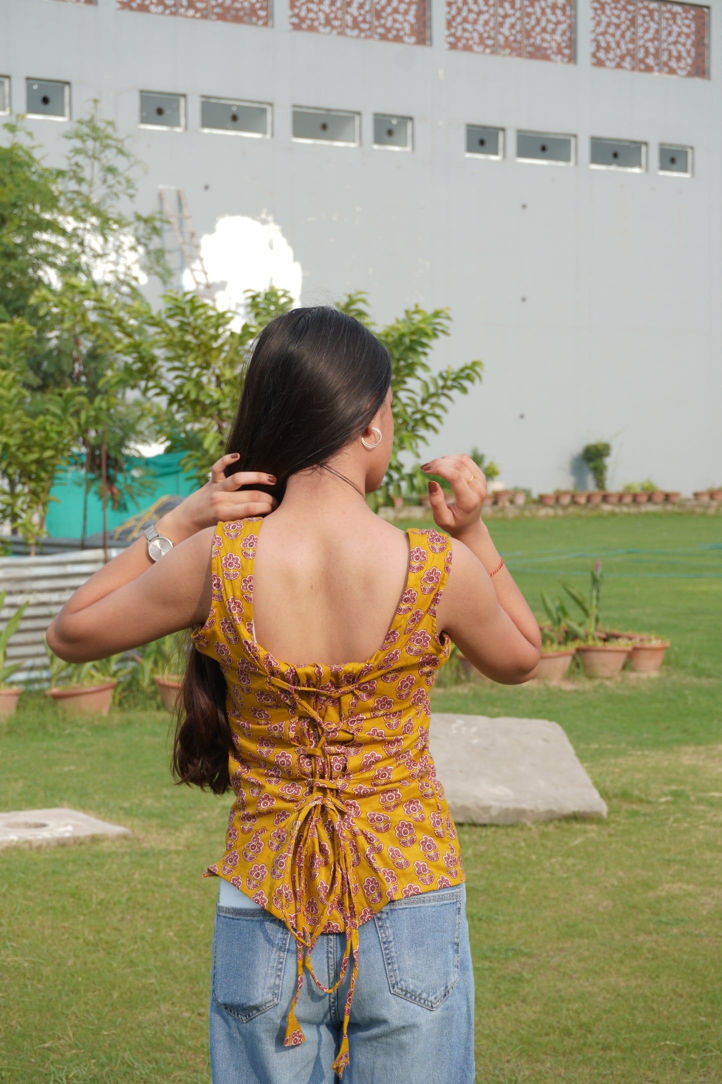 Mustard Floral Printed Cotton Corset Back Top