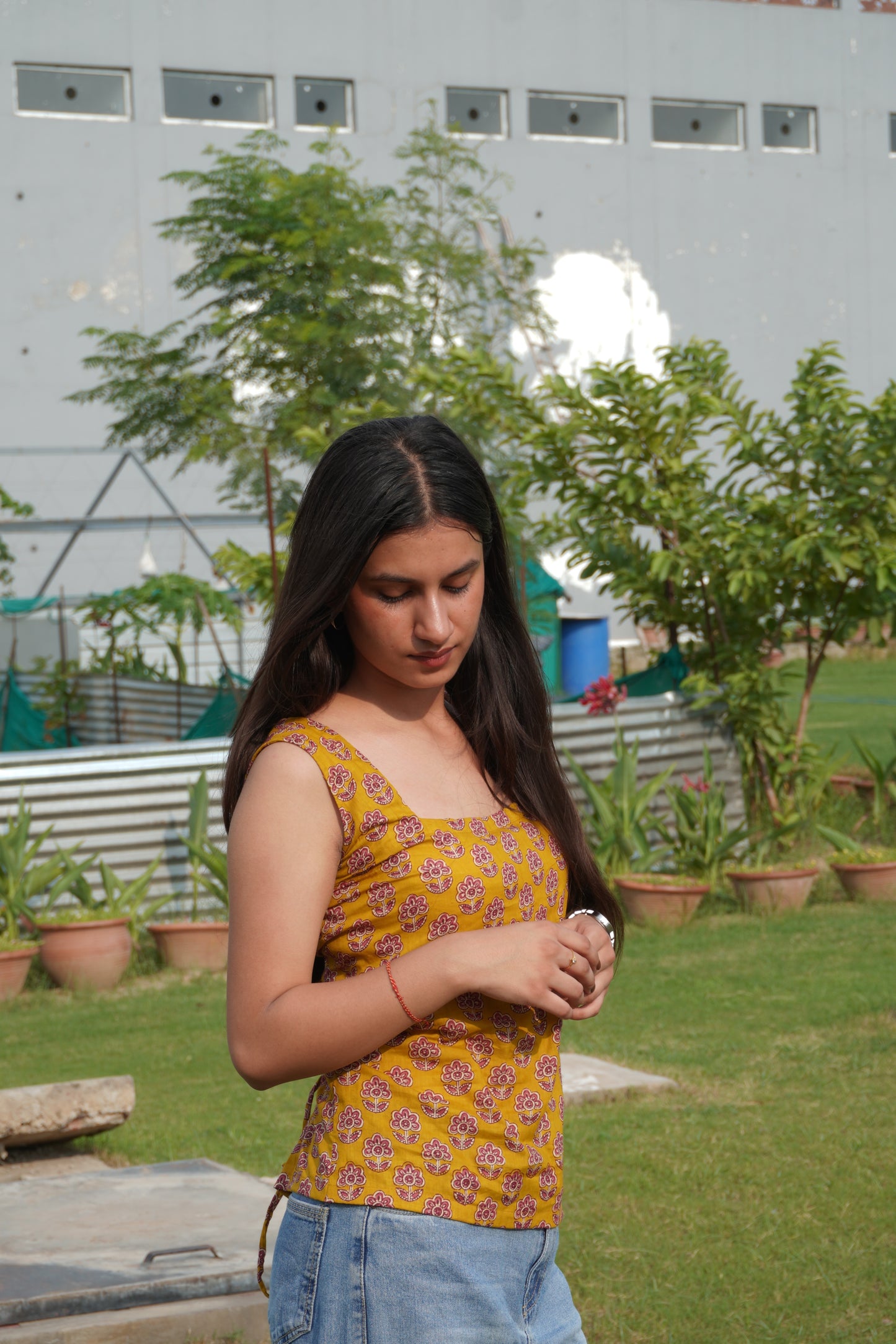 Mustard Floral Printed Cotton Corset Back Top