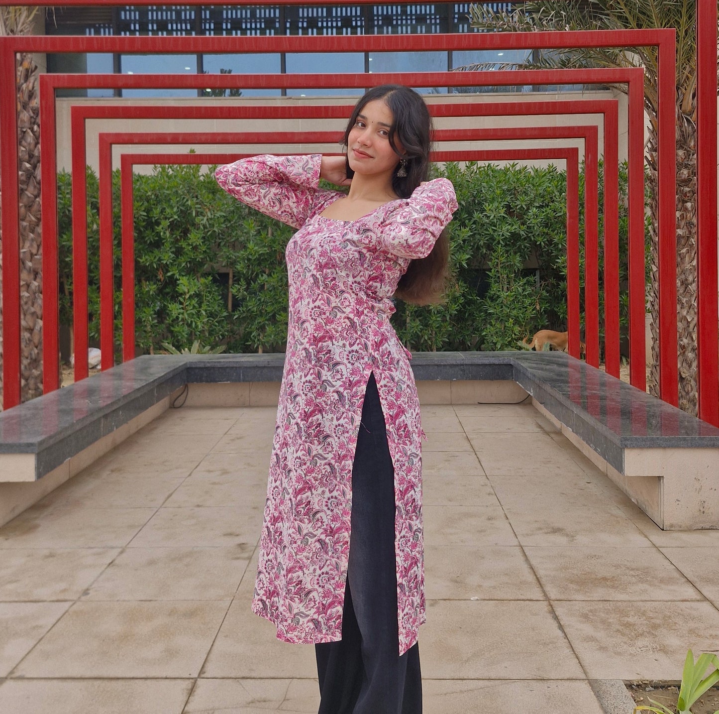 Cotton Printed Long Kurti with Square Neck &amp; Corset Lace-Up Back for Women | Full Sleeves